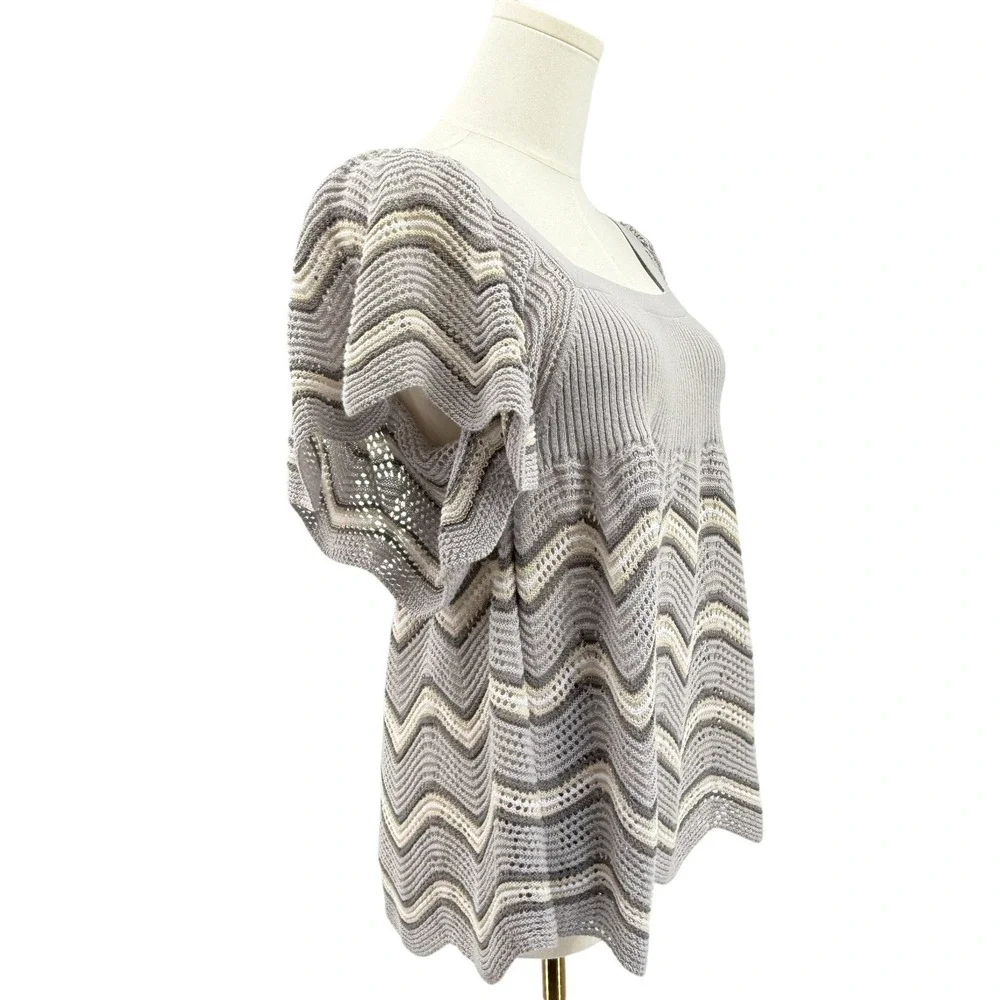 Y2K Free People Women's‎ Crochet Knit Top Large Grey Chevron Square Neck Boho